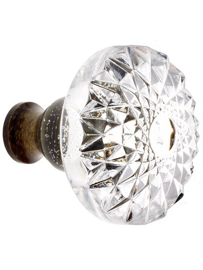 German Crystal Round Etched Knob With Solid Brass Base in Antique Brass.